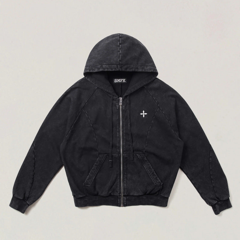 Black zip-up hooded jacket with front zipper, drawstring hood, and side pockets