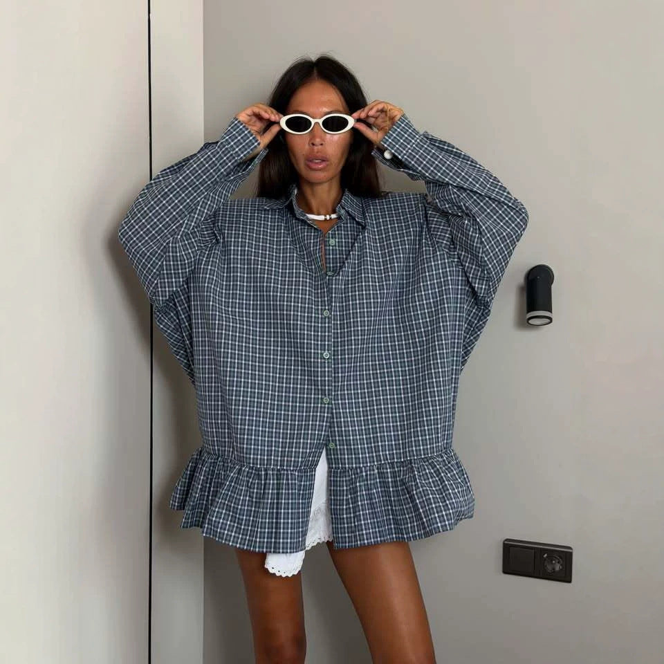 Oversized Plaid Shirt for Women — Ruffle Peplum Hem Button Front Top in Cotton
