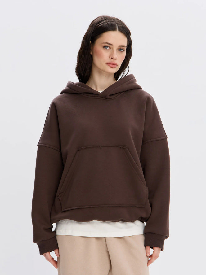 Women's brown hooded pullover sweatshirt with kangaroo pocket