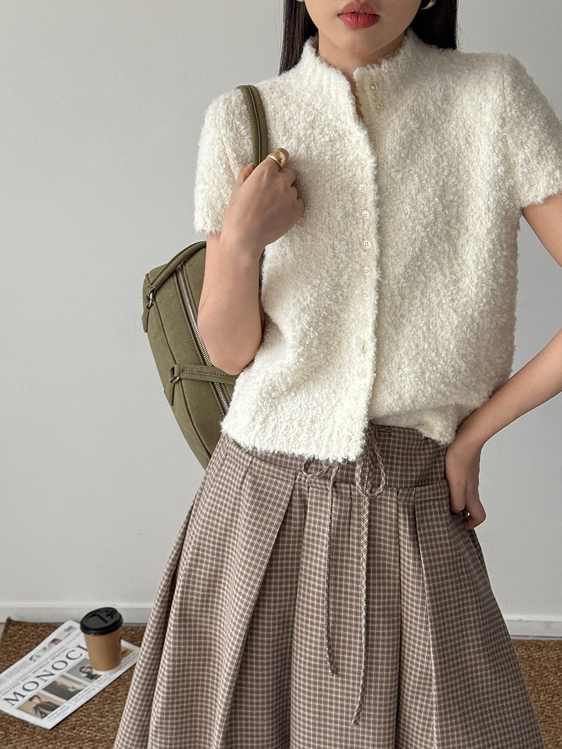 Apricot short-sleeve plush cardigan top with button front and stand collar