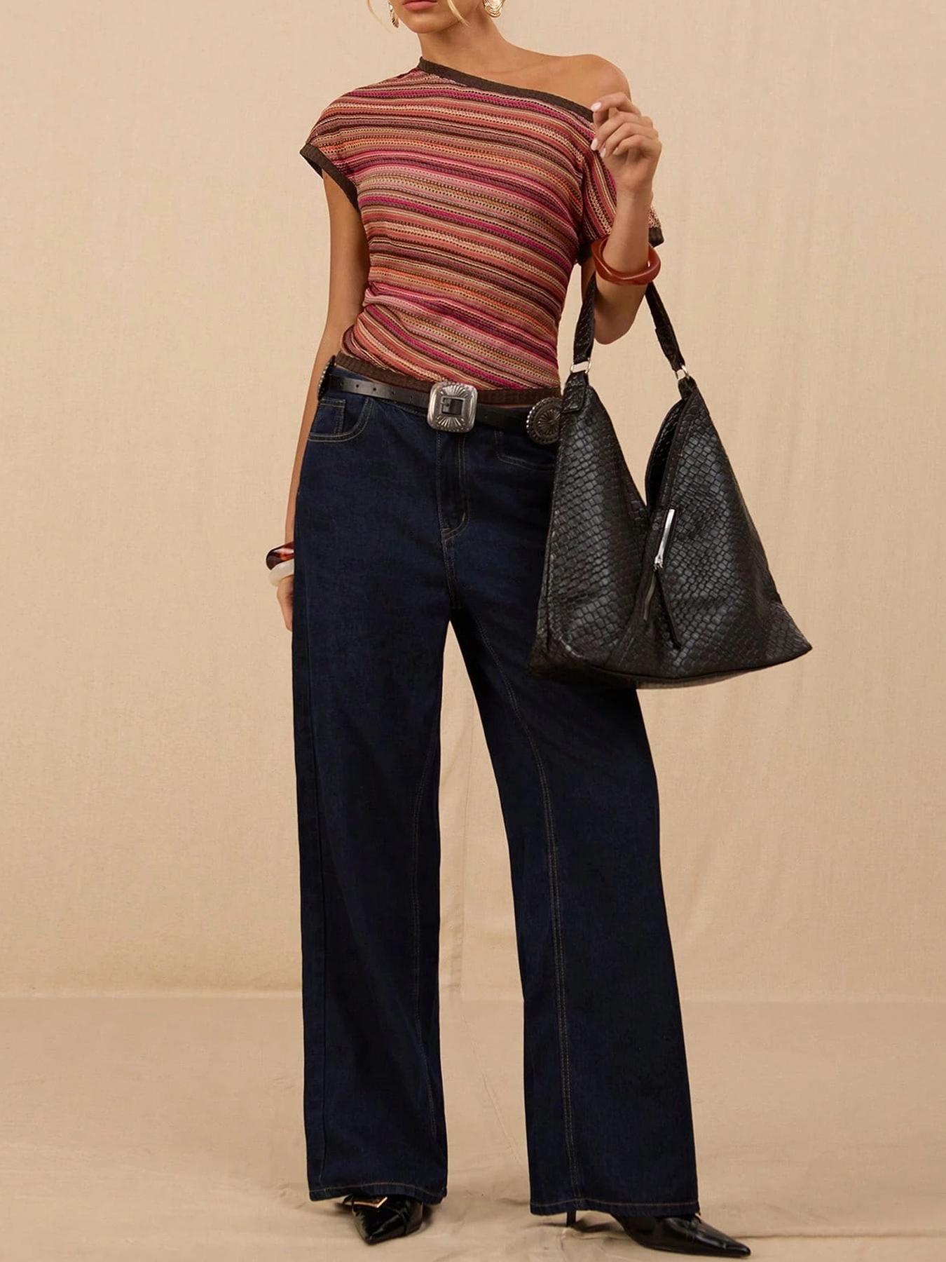 Asymmetric One Shoulder Knit Top — Striped Short Sleeve Style for Women in Viscose