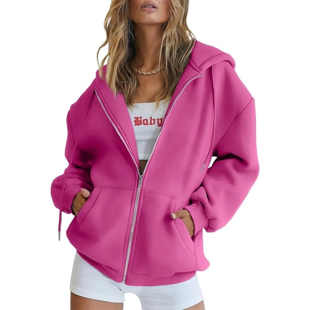 Hot pink zip-up hoodie jacket with hood, drawstring, and front pockets.