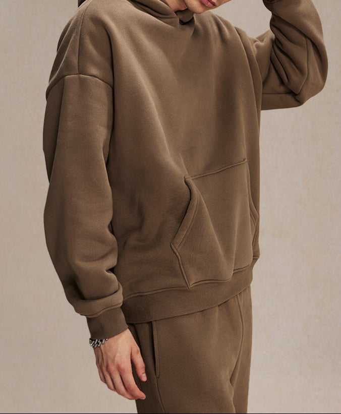 Women's khaki hoodie and sweatpants set with pullover hood and front kangaroo pocket