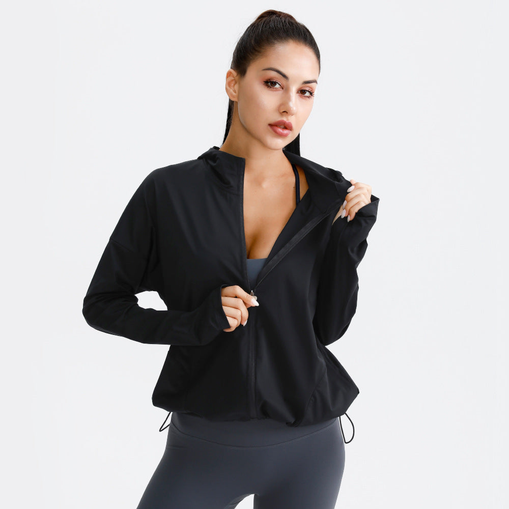 Black zip-up hooded jacket for women, long sleeves, loose fit