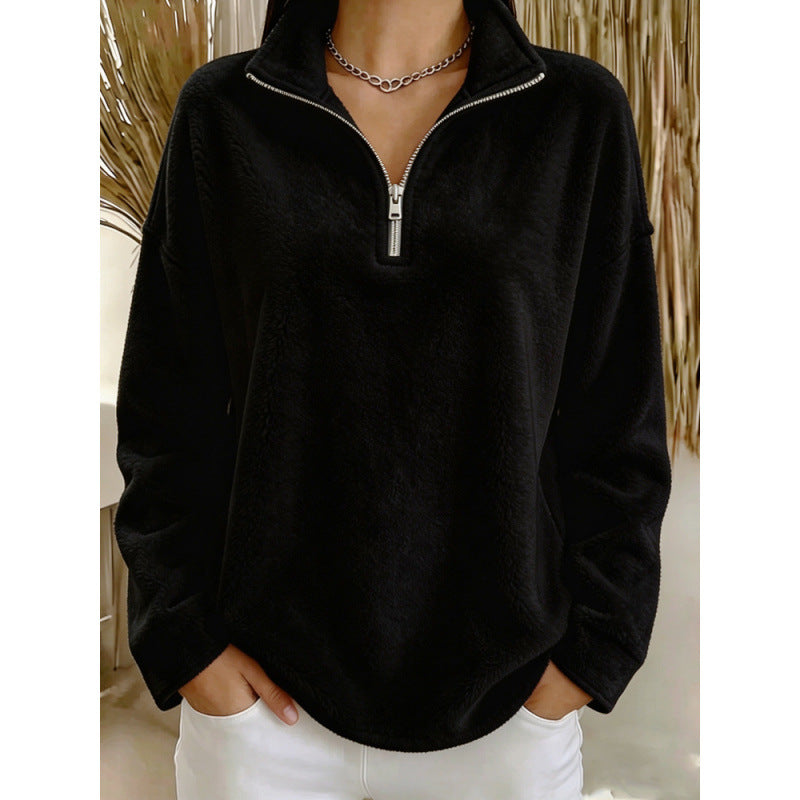 Women's black fleece quarter-zip pullover with stand collar and long sleeves