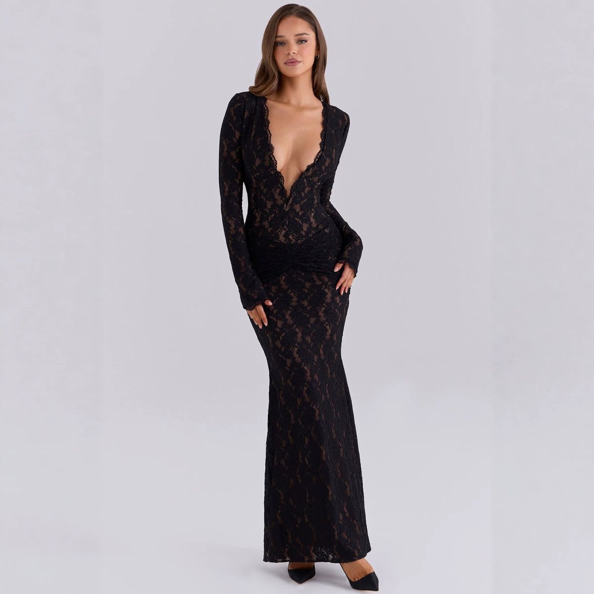Black lace maxi dress with deep V-neck, long sleeves, and ruched waist