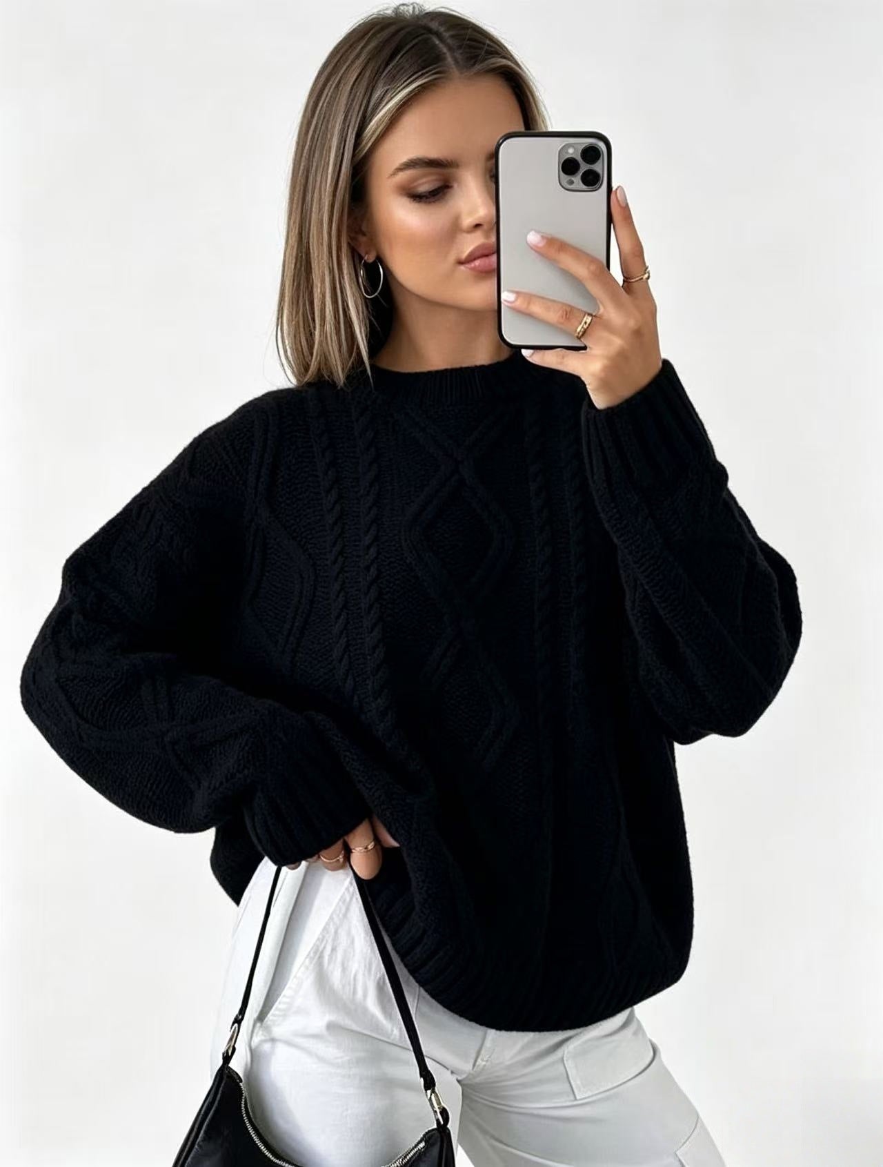 Oversized Cable Knit Sweater for Women — Chunky Aran Crew Neck in Wool Blend