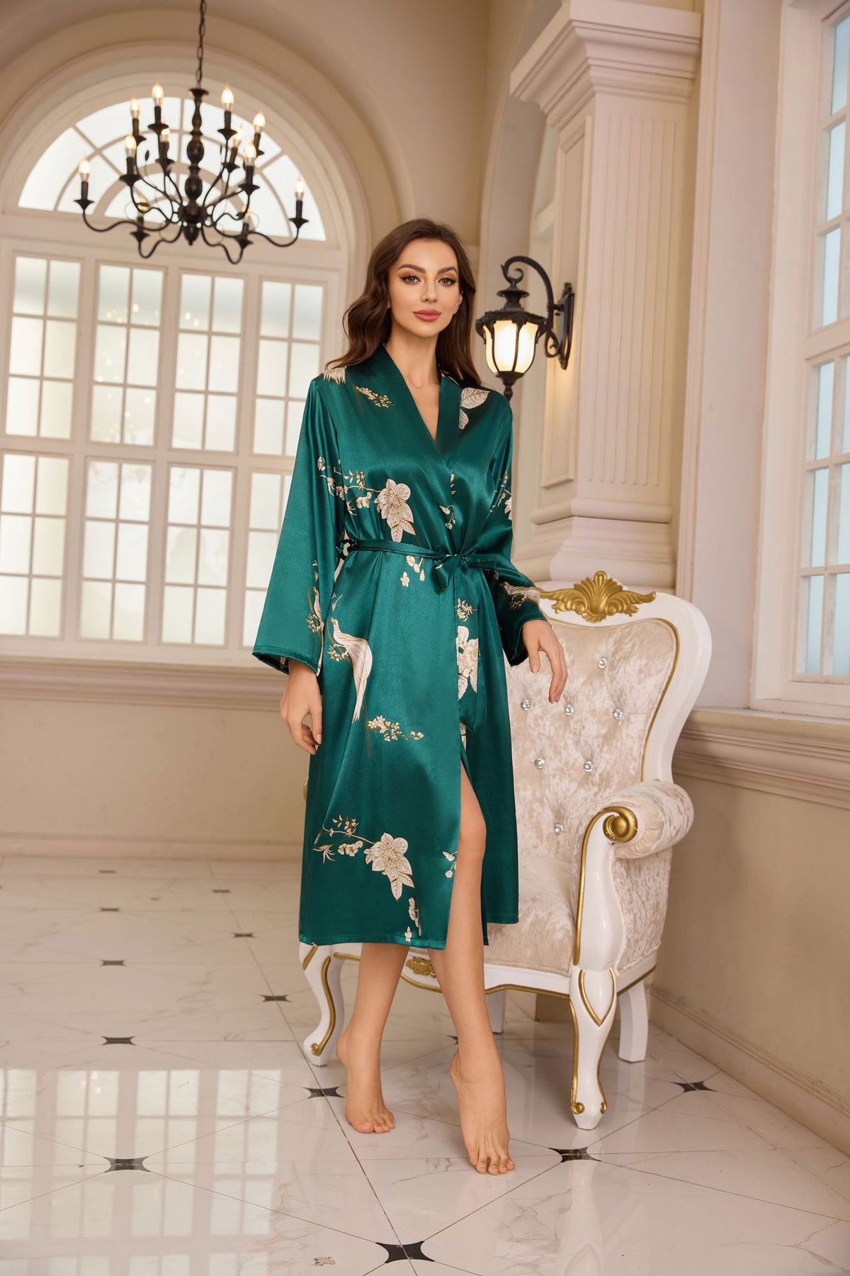 Green floral satin bathrobe with V-neck and tie waist, long sleeves, mid-calf