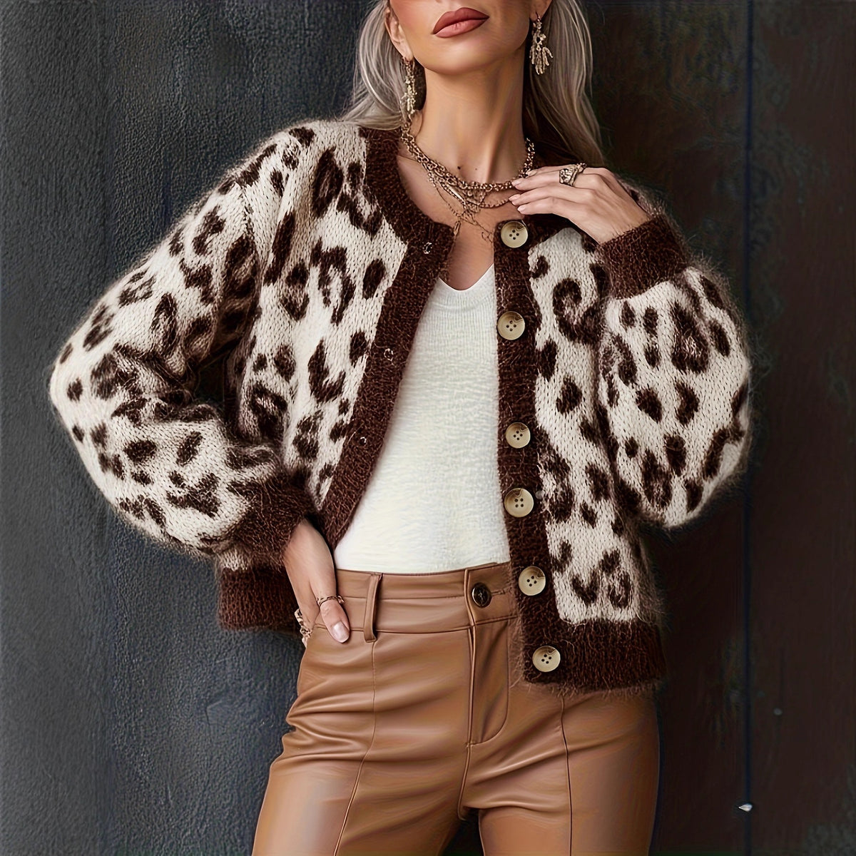 Women's leopard print knit cardigan with brown contrast and button front