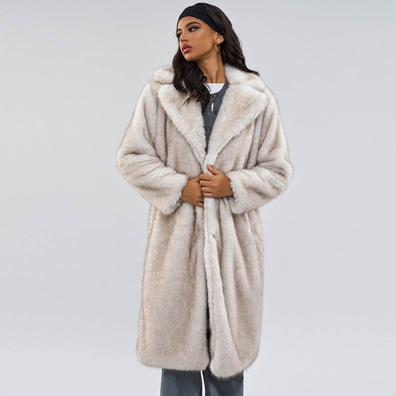Off-white faux fur long coat, front view with pointed lapels and button placket