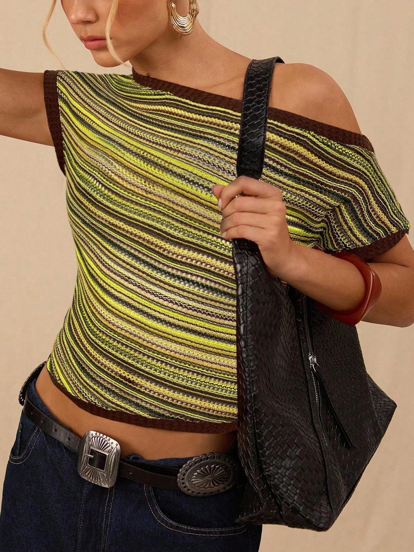 Asymmetric One Shoulder Knit Top — Striped Short Sleeve Style for Women in Viscose