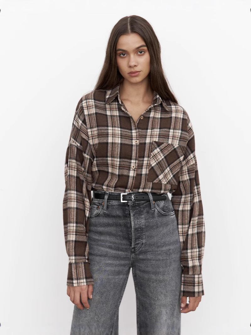 Brown plaid long-sleeve shirt jacket with button front, turn-down collar, chest pocket.