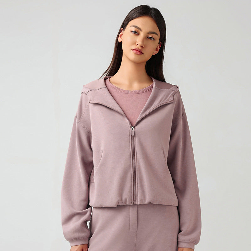Cropped Zip Up Hoodie for Women — Oversized Hood and Elastic Hem in Brushed Cotton Blend