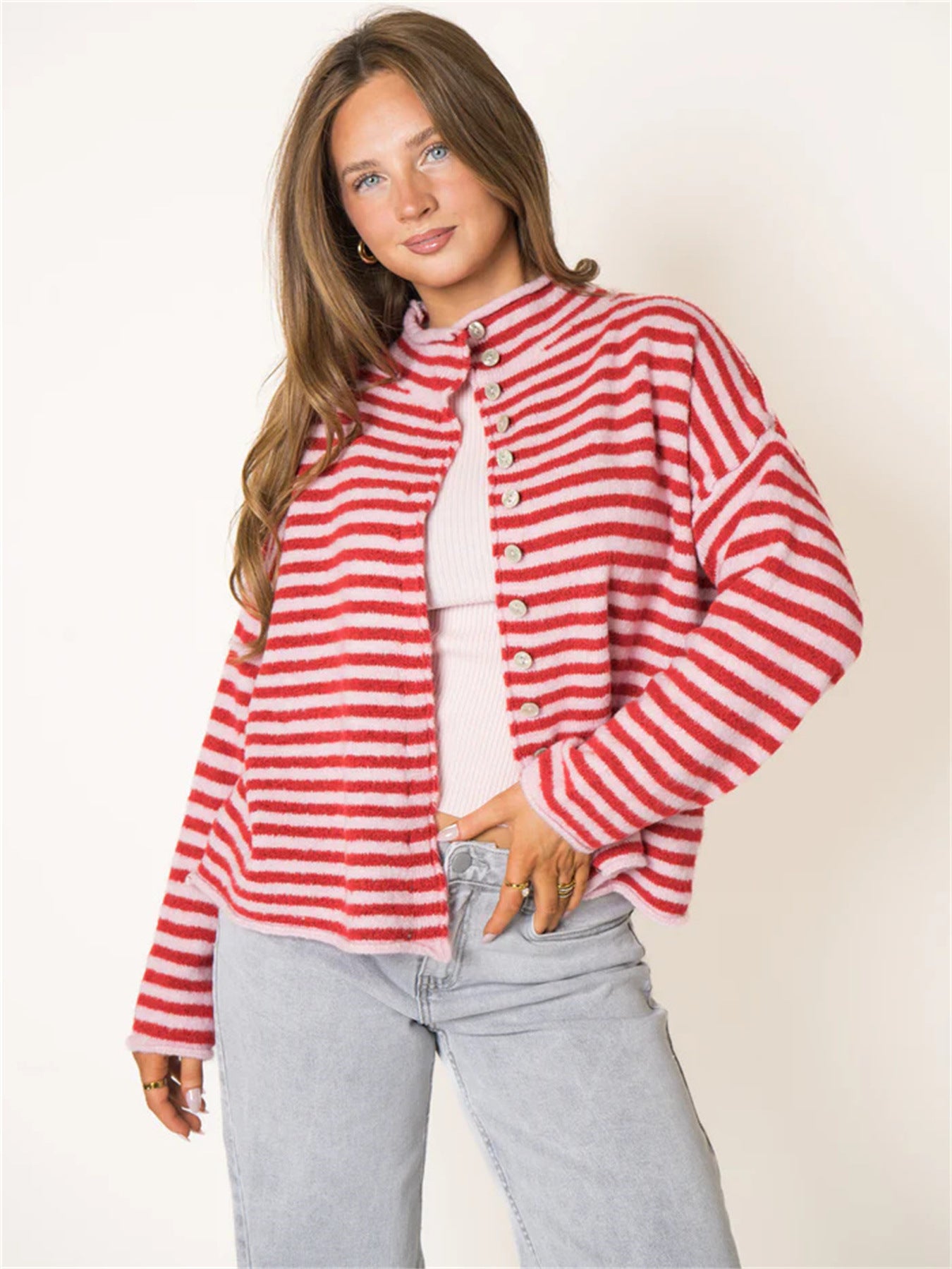 Striped Cardigan Sweater for Women — Button Front Stand Collar Knit in Soft Mohair