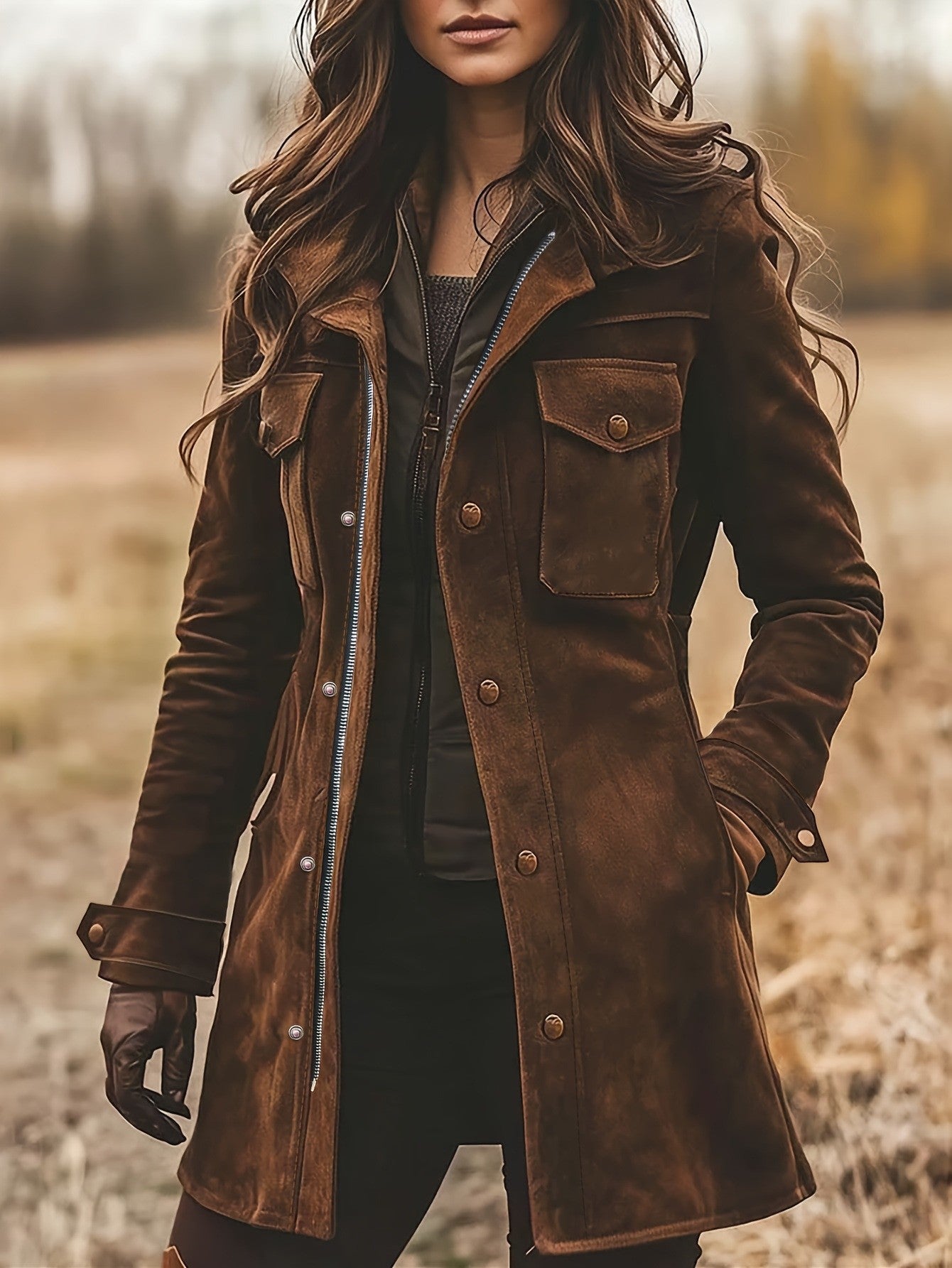 Dark brown faux suede field coat for women, close-up of button placket and flap pockets