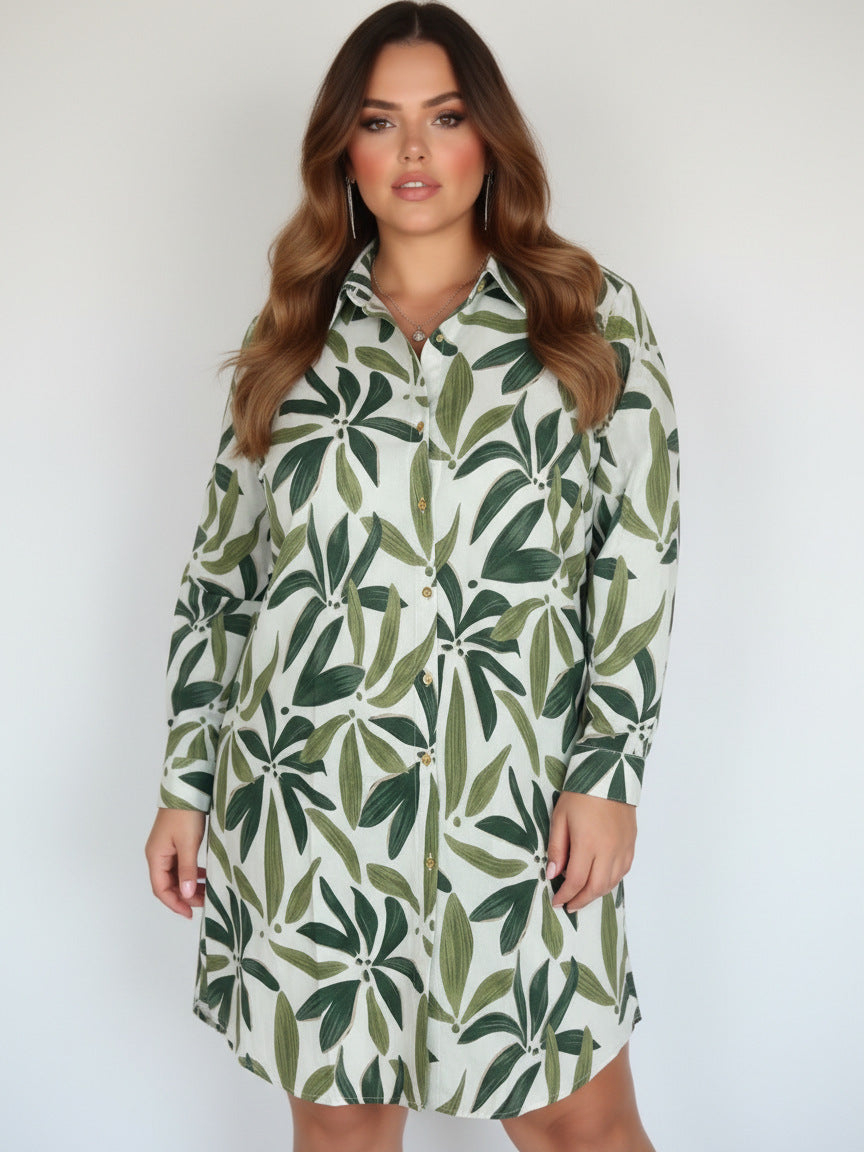 Green and white leaf printed long-sleeve shirt dress with button front, front view