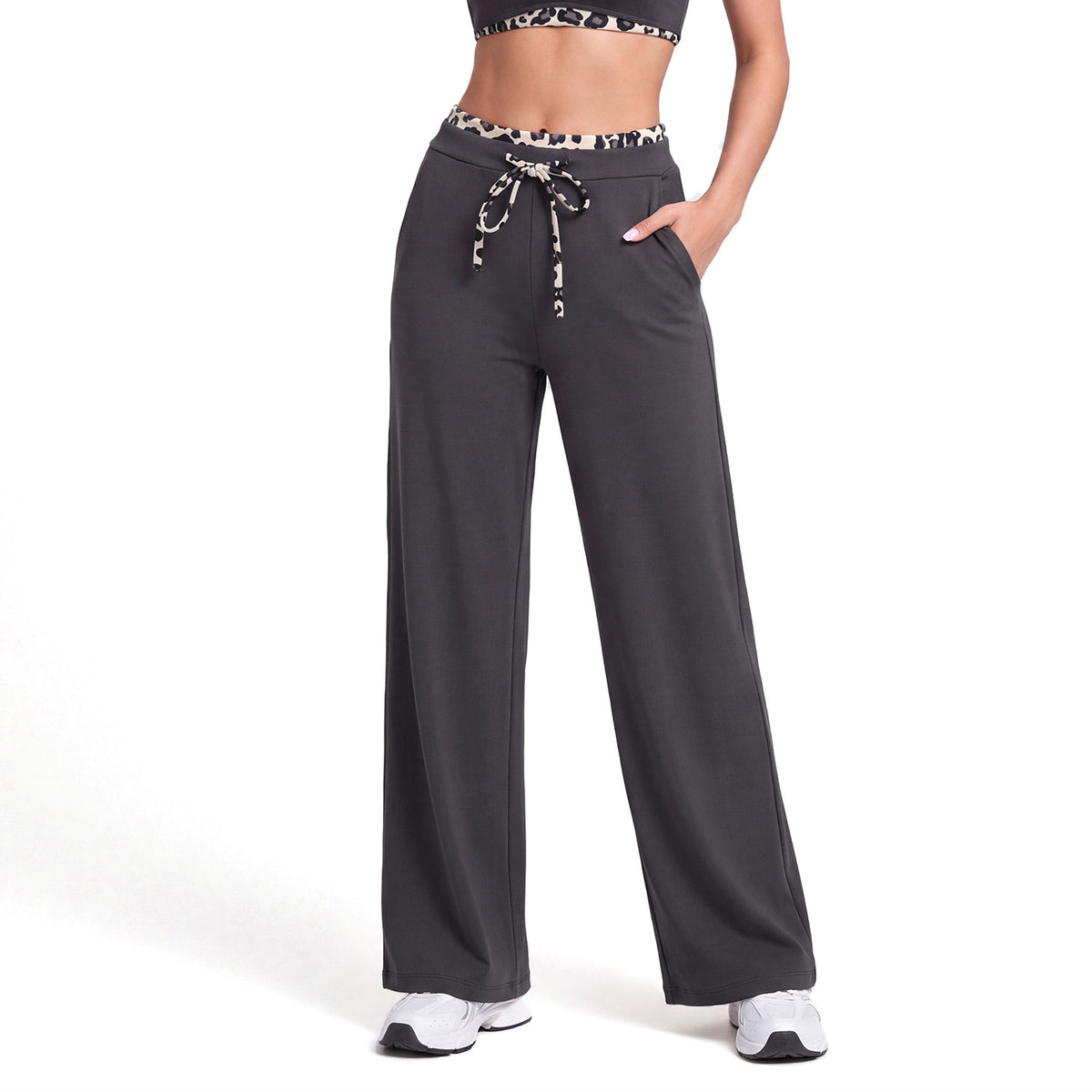 Women's straight-leg athletic pants, charcoal with leopard-trim drawstring waistband