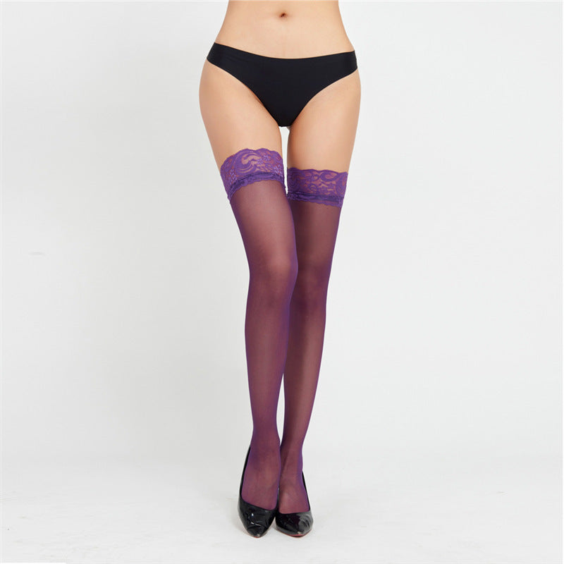 Women’s lace-trim thigh-high stockings, sheer purple with floral lace on upper legs