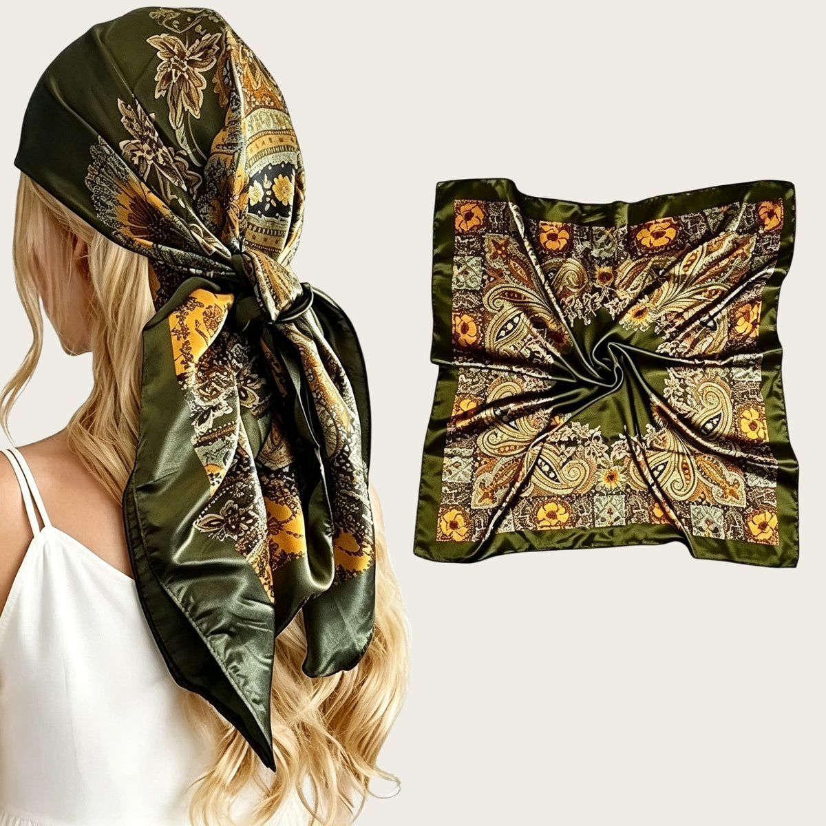 90cm satin square scarf in dark green and gold paisley floral print, tied headscarf