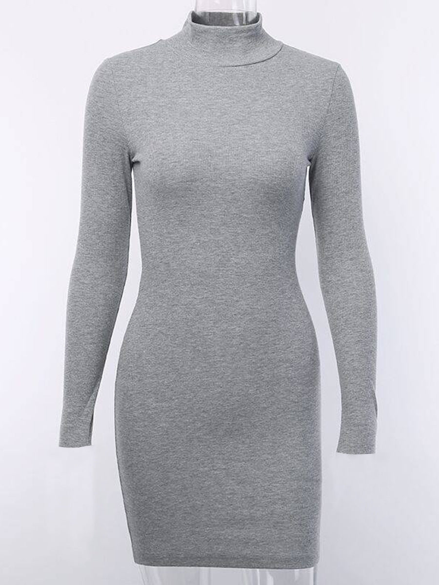 Women's rib-knit slim-fit dress, heather grey, half-high neck, long sleeves (front)