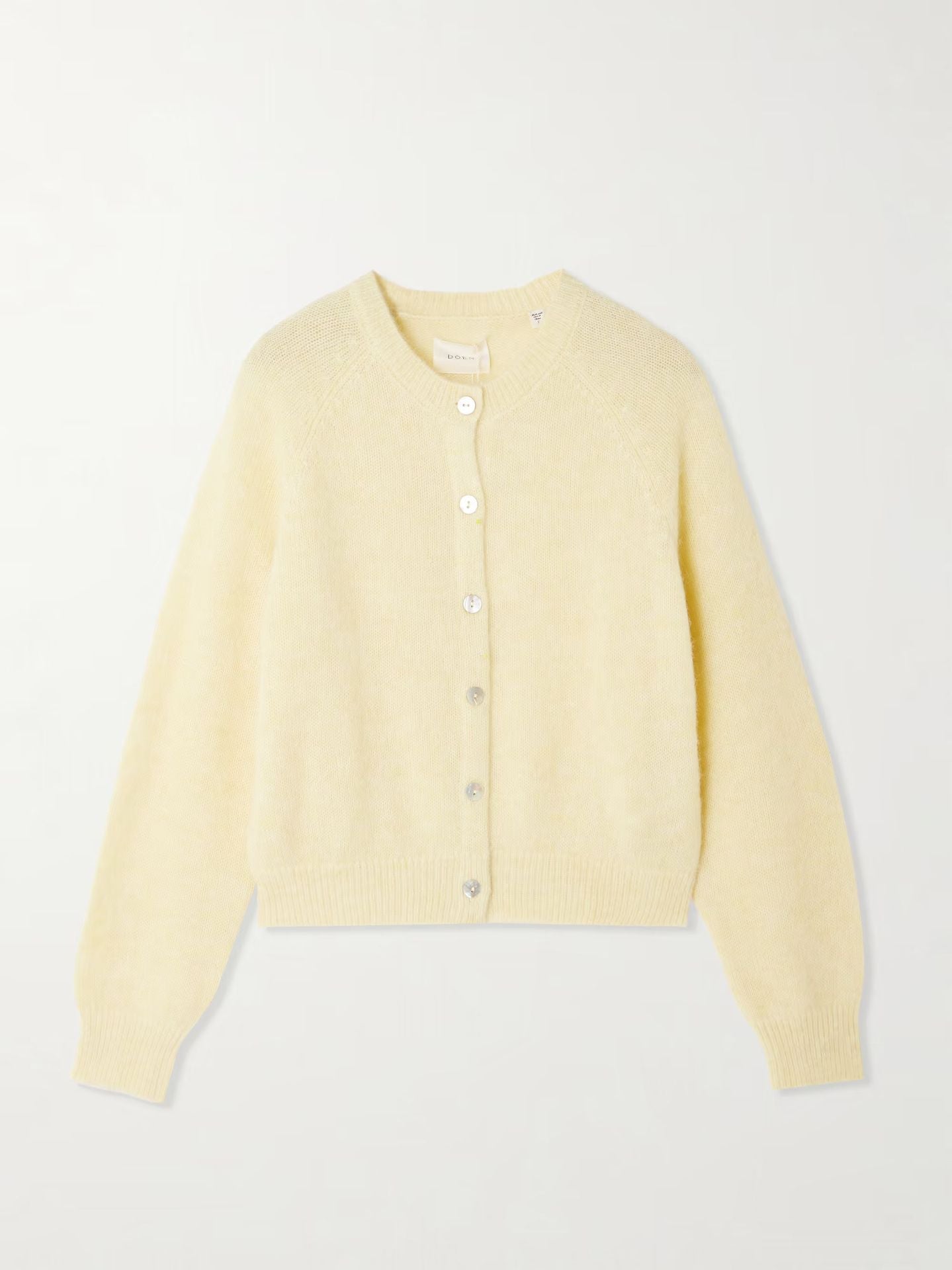 Women's wool-blend knit cardigan, light yellow flat lay with round neck button front