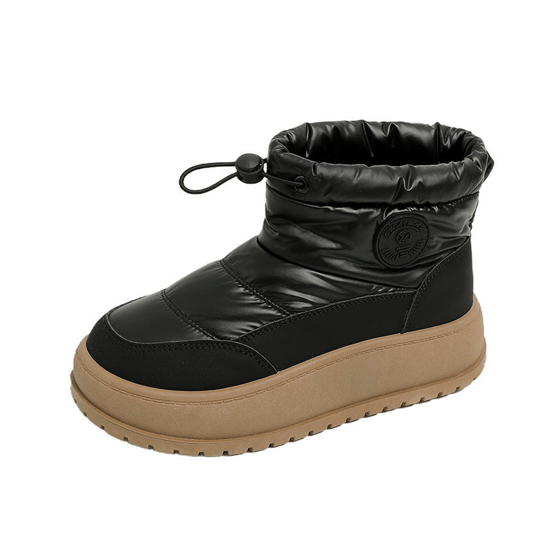 Women's black snow boot with drawstring padded collar, stitched panels, and rubber outsole