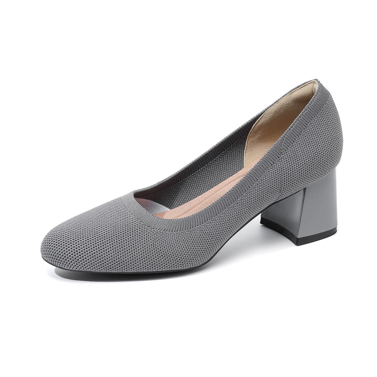 Grey knit pointed-toe pumps with chunky block heel