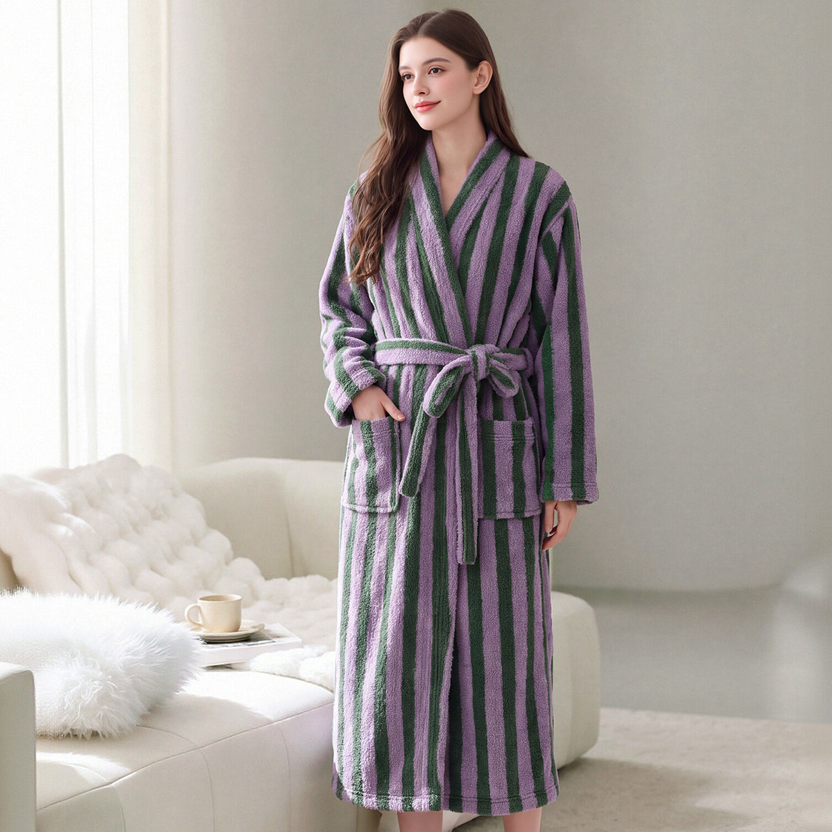 Purple and green striped fleece robe with shawl collar and tie belt, front pockets.