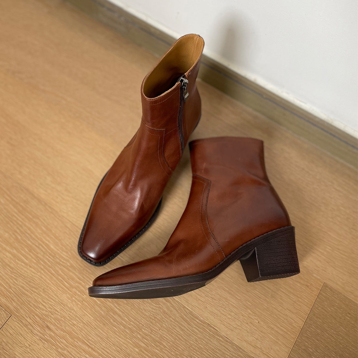 Women's dark brown leather ankle boots, square toe, stacked block heel, back zip