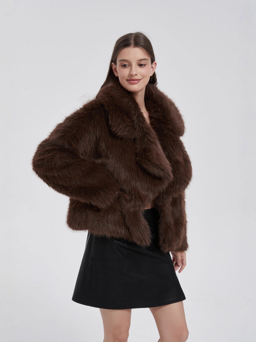Brown faux fur cropped coat with large collar and relaxed long sleeves