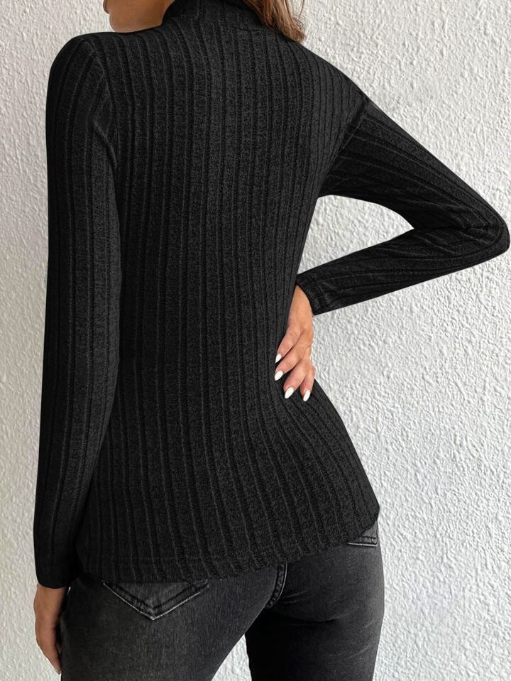 Black ribbed knit mock-neck long-sleeve fitted pullover sweater, back view