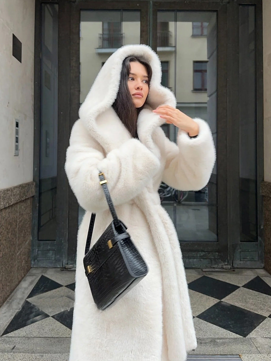 Faux Fur Coat for Women — Long Hooded Style with a Self Tie Belt and Shawl Collar