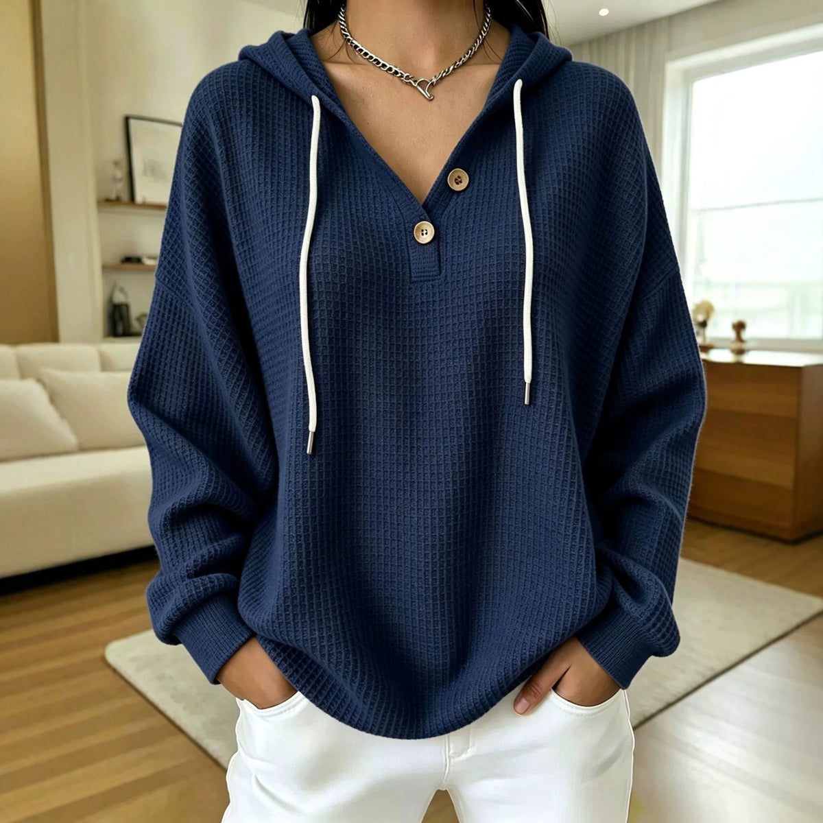 Women\u2019s waffle-knit drawstring hoodie with henley button placket, navy hood and long sleeves
