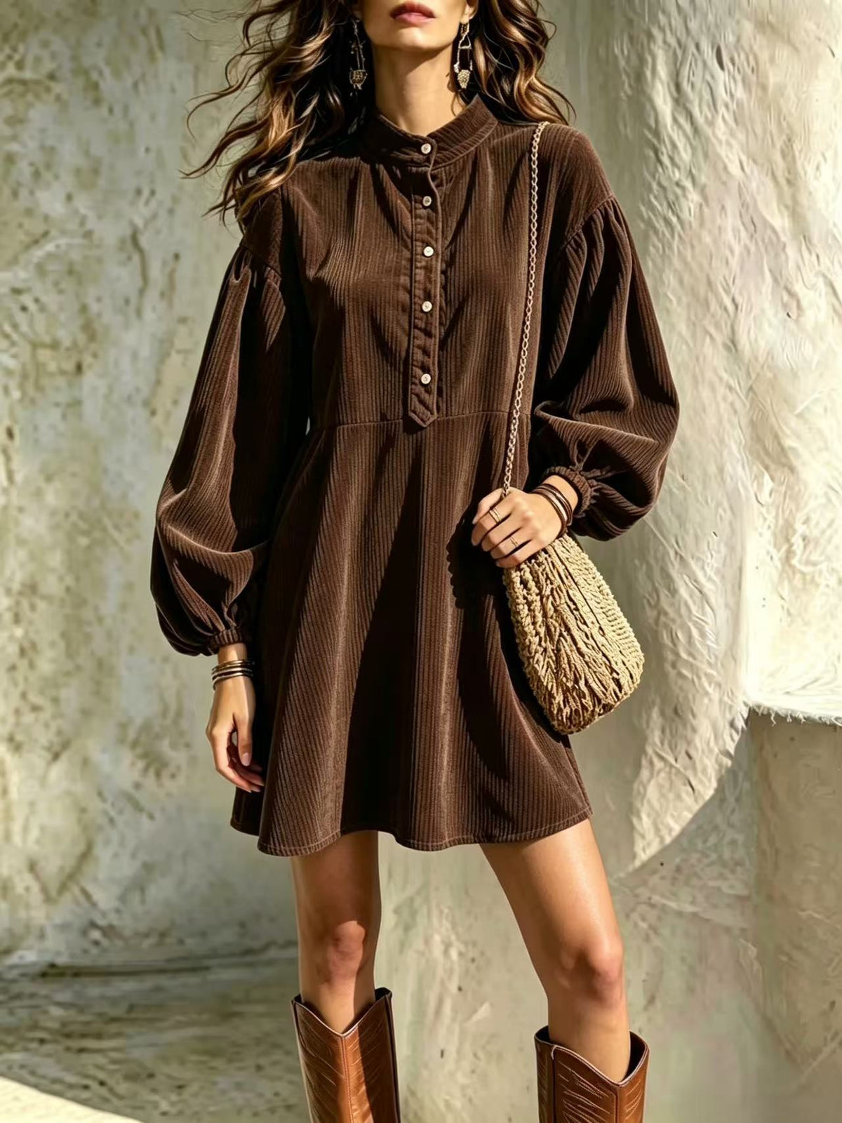 Dark brown corduroy dress with stand-up collar, button-front, and lantern sleeves