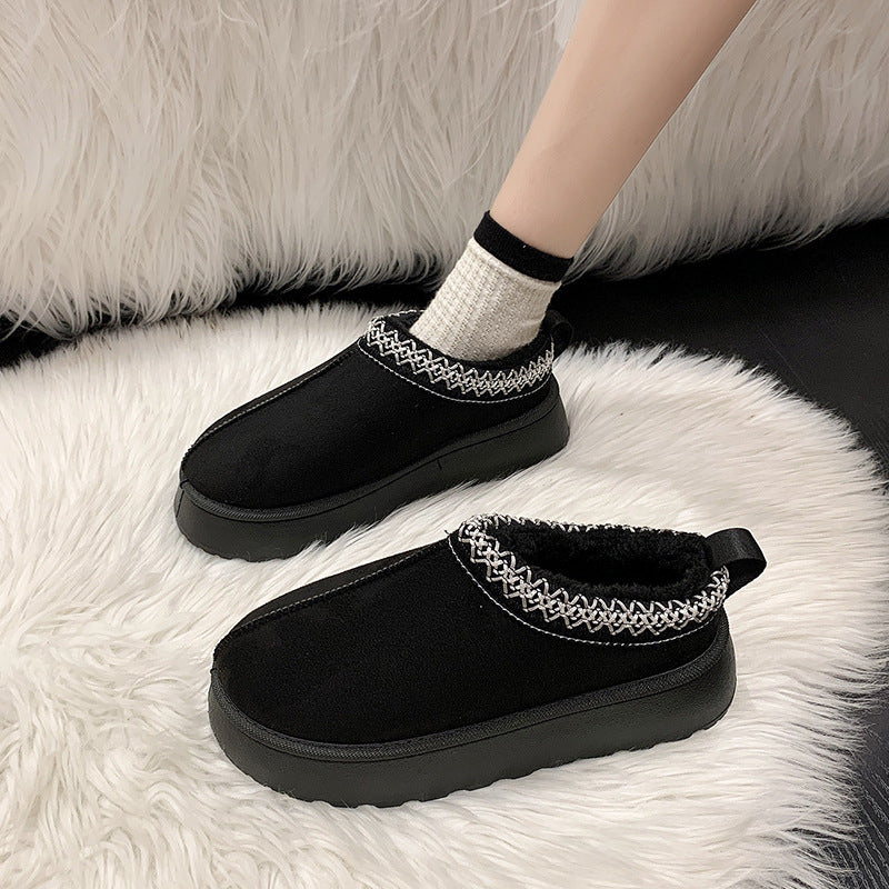 Platform Slippers for Women — Fur Lined Slip On Mules with Embroidered Trim