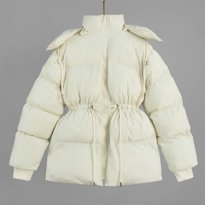 Off-white hooded puffer jacket on hanger with drawstring waist and zipper front