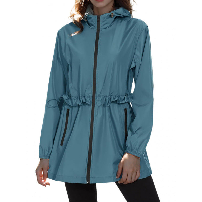 Blue lightweight hooded windbreaker jacket with full-zip front, drawstring waist, side pockets