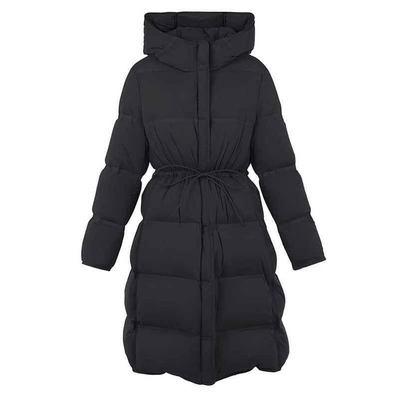 Women's hooded goose down puffer coat, cinched waist, mid-length, black, front view