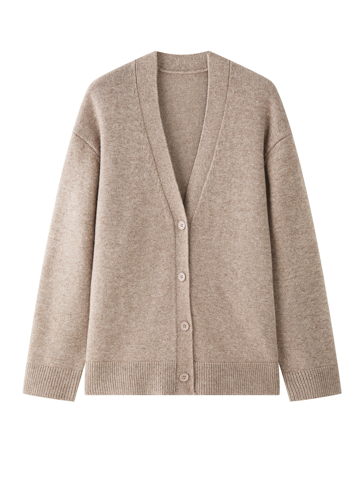 Women's wool knit V-neck cardigan back view, beige long sleeves with button placket