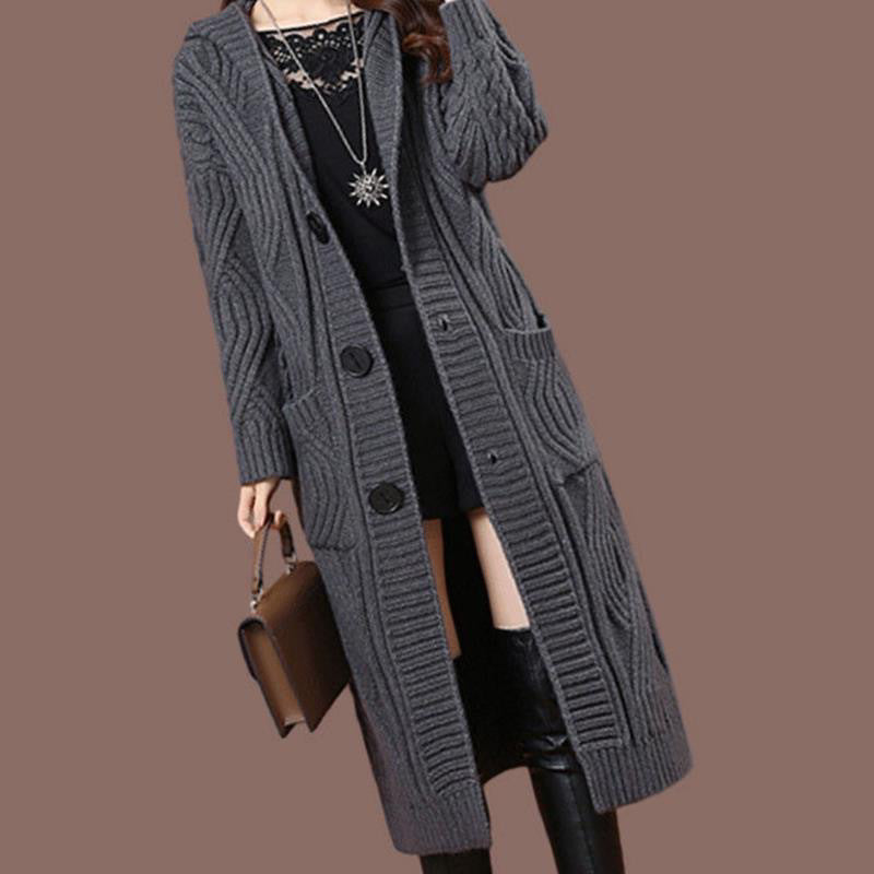 Dark gray hooded cable-knit cardigan with button front and patch pockets, mid-length