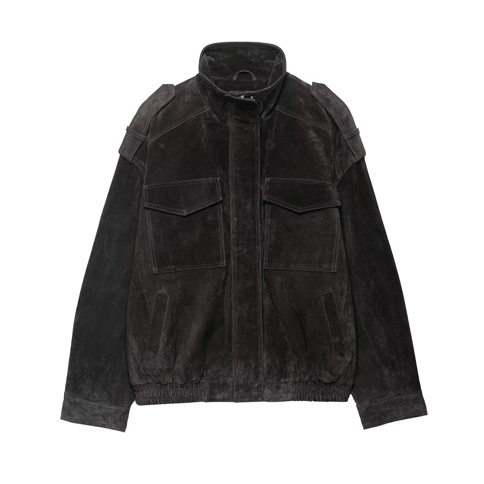 Women’s casual jacket coat in black, zip front with flap pockets and elastic cuffs