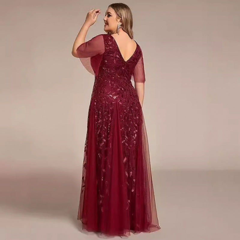 Wine red sequined mesh dress with V-back and short sheer sleeves, mermaid silhouette