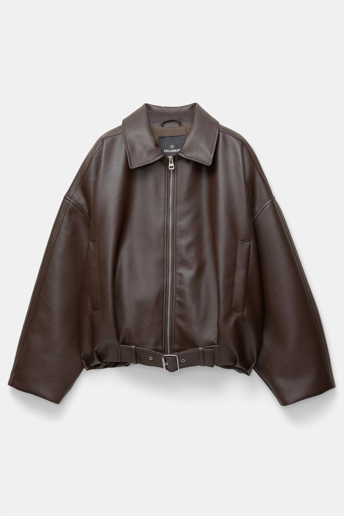 Brown faux leather pilot jacket front view with zipper closure and waist belt