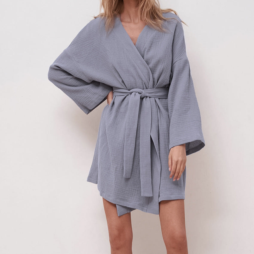 Women’s grey gauze wrap robe nightgown with long sleeves, V-neck, and tied waist belt