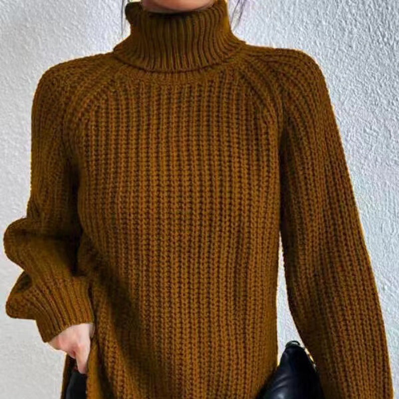 Turtleneck Sweater for Women — Chunky Ribbed Knit with Side Slits in Soft Wool