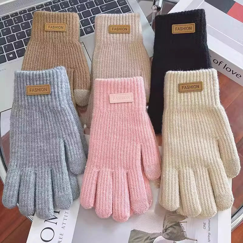 Knitted winter gloves set in gray, pink, beige, and brown