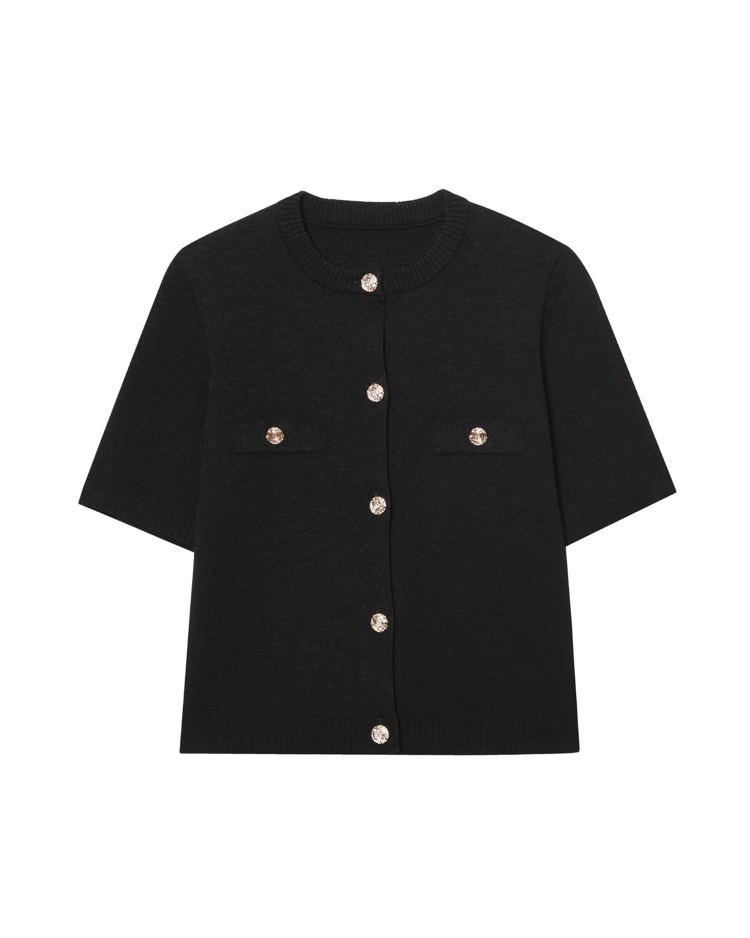 Short Sleeve Cardigan Sweater for Women — Gold Button Front Knit with Chest Pockets in Viscose
