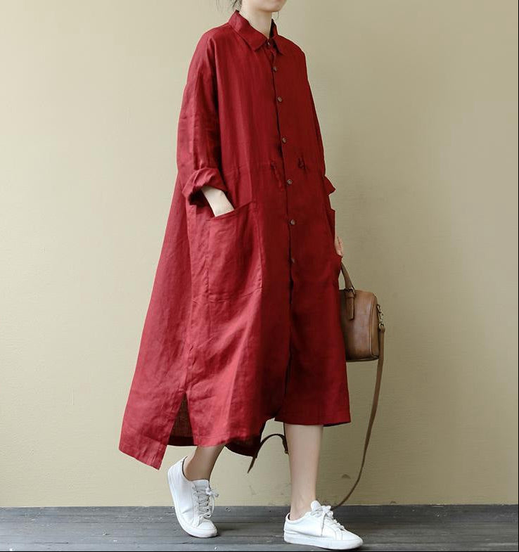 Linen Shirt Dress — Oversized Midi Style with Button Front and Patch Pockets