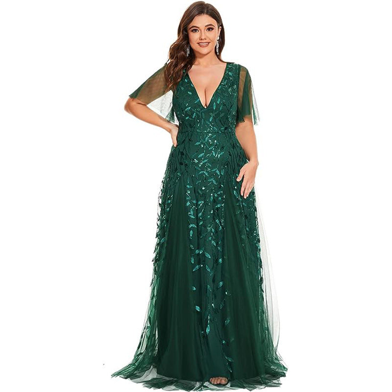 Dark green sequined mesh bridesmaid dress, V-neck, short sheer sleeves, mermaid hem