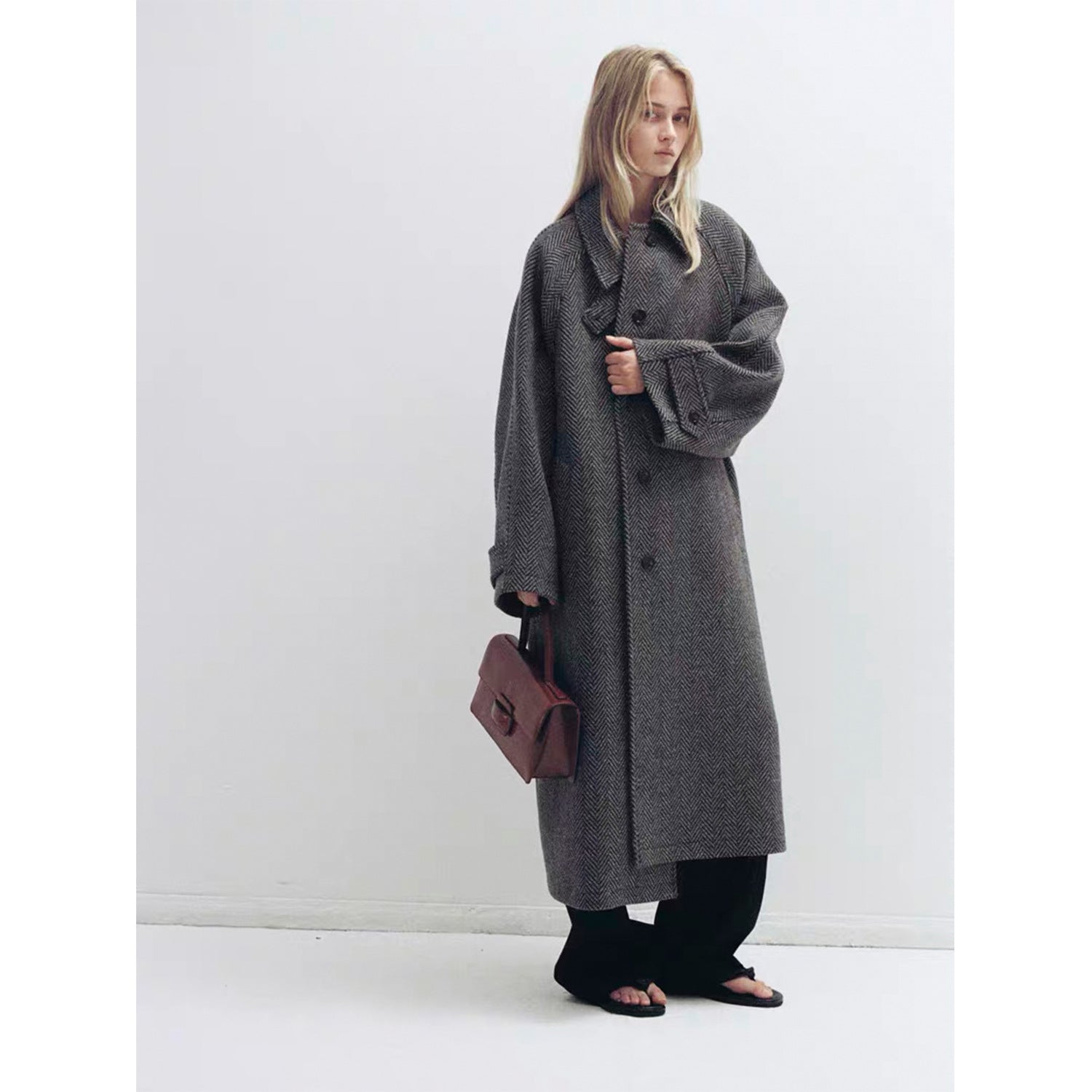 Herringbone Wool Coat for Women — Oversized Long Maxi Overcoat with Dropped Shoulders